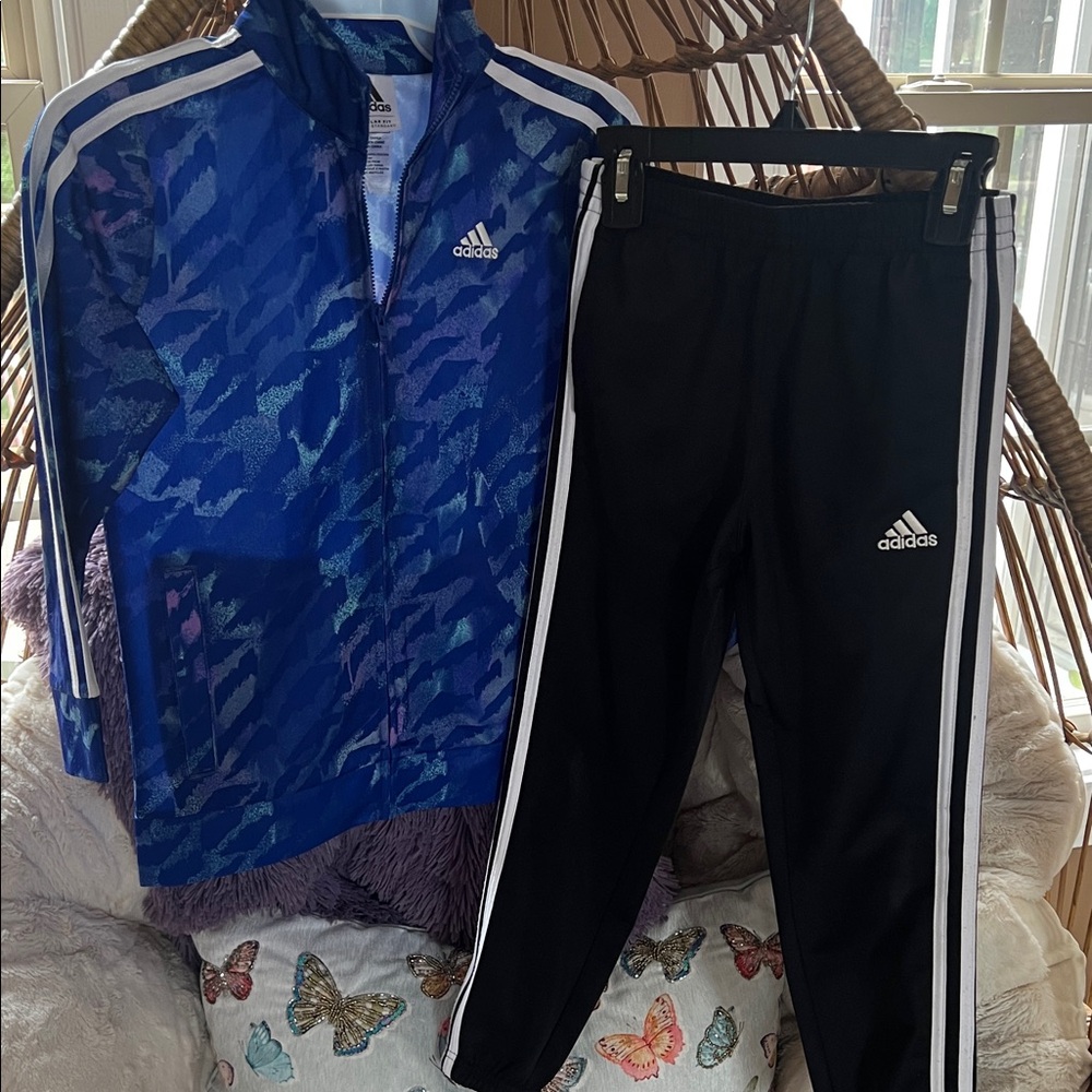 Adidas Camo Blue Jacket and Black Pants Set